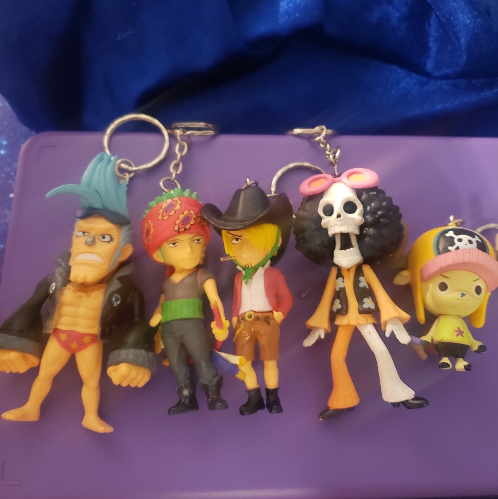 5 One Piece Keychain Figures, Roronoa Zoro, Sanji, Brook, Franky, & Tony Chopper